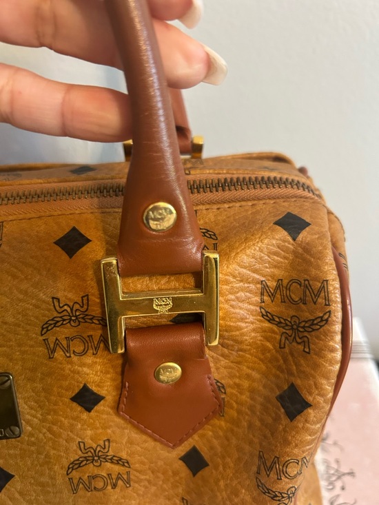 MCM Cognac Visetos Logo Top-Handle Satchel with Brown Trim AUTHENTIC - Picture 11 of 13
